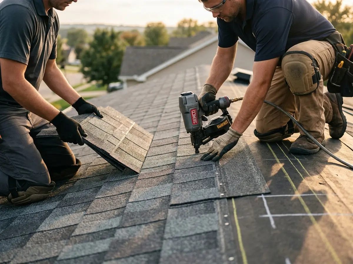 Professional roofer working on a residential roof in Elyria